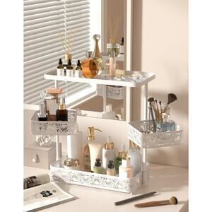 3-Tier Bathroom Organizer, Rotating Basket, Perfume Makeup Cosmetic Tray, White